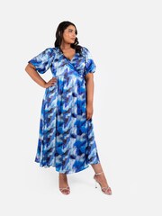 Lovedrobe Blue Satin Faunctional Wrap Puff Sleeve Midaxi Dress - Image 5 of 6
