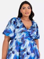 Lovedrobe Blue Satin Faunctional Wrap Puff Sleeve Midaxi Dress - Image 6 of 6