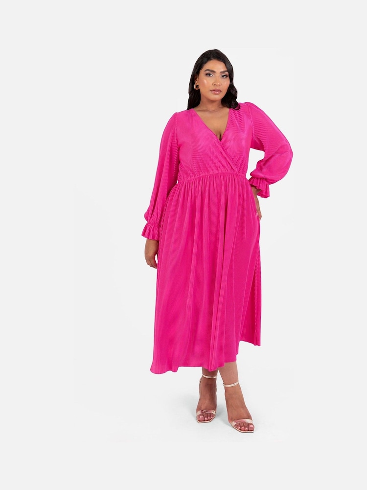 Loveabode Pink Plisse Long Sleeve Wrap Midaxi Dress - Image 1 of 5