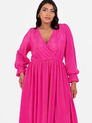 Loveabode Pink Plisse Long Sleeve Wrap Midaxi Dress - Image 3 of 5