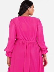 Loveabode Pink Plisse Long Sleeve Wrap Midaxi Dress - Image 4 of 5