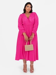Loveabode Pink Plisse Long Sleeve Wrap Midaxi Dress - Image 5 of 5