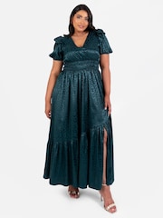 Lovedrobe Green Satin Jacquard Shirring Waist Wrap Front Maxi Dress - Image 1 of 5