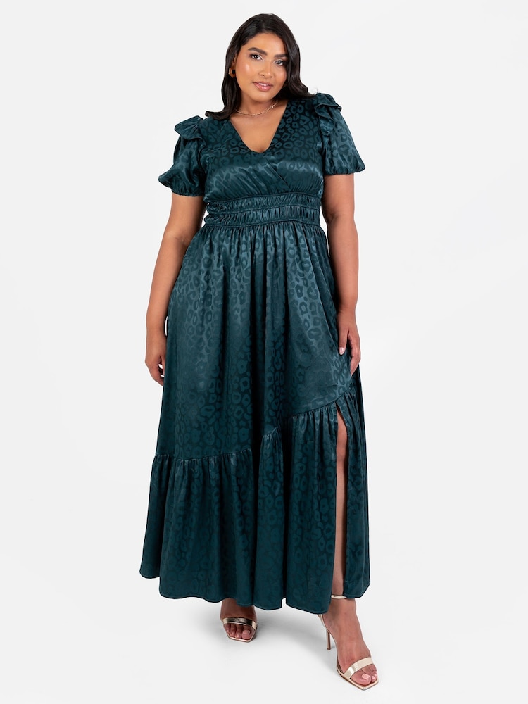 Lovedrobe Green Satin Jacquard Shirring Waist Wrap Front Maxi Dress - Image 1 of 5