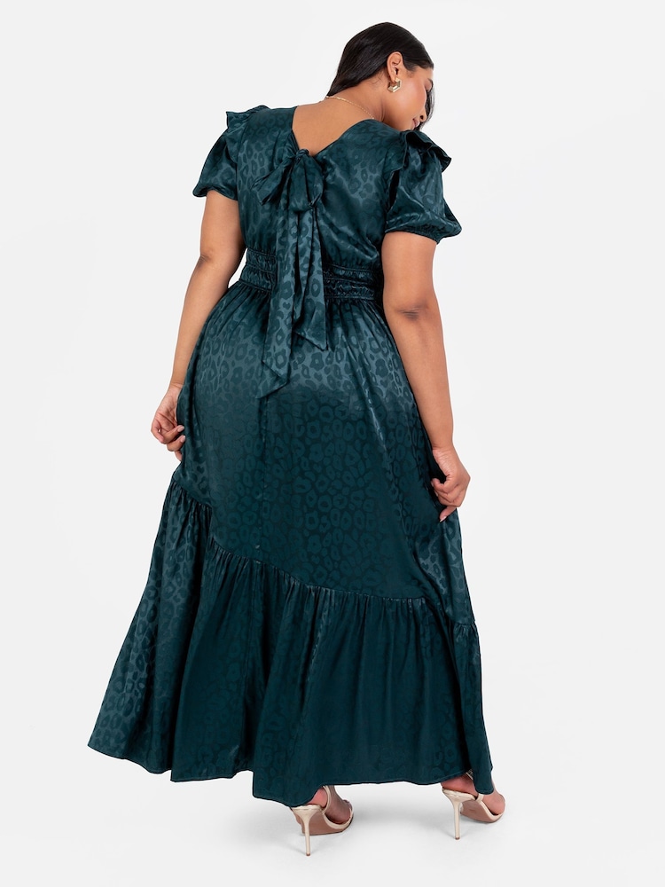 Lovedrobe Green Satin Jacquard Shirring Waist Wrap Front Maxi Dress - Image 2 of 5