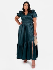 Lovedrobe Green Satin Jacquard Shirring Waist Wrap Front Maxi Dress - Image 3 of 5