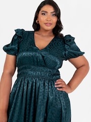 Lovedrobe Green Satin Jacquard Shirring Waist Wrap Front Maxi Dress - Image 4 of 5