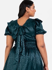Lovedrobe Green Satin Jacquard Shirring Waist Wrap Front Maxi Dress - Image 5 of 5