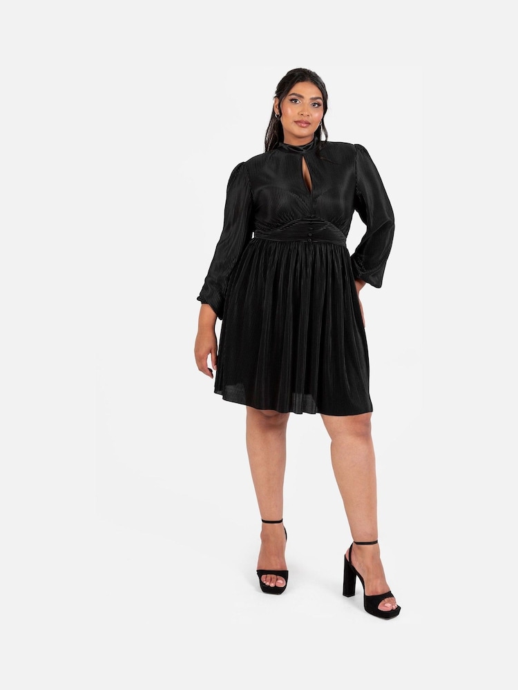 Lovedrobe Plisse Long Sleeve Keyhole Detail Mini Black Dress - Image 1 of 4