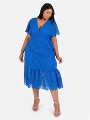Loveabode Dark Blue Lace Cape Sleeve Midaxi Dress - Image 1 of 4
