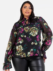 Lovedrobe Tie Neck Black Blouse with Tie Cuffs - Image 1 of 6