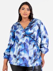 Lovedrobe Blue Satin Long Sleeve Wrap Top - Image 1 of 5