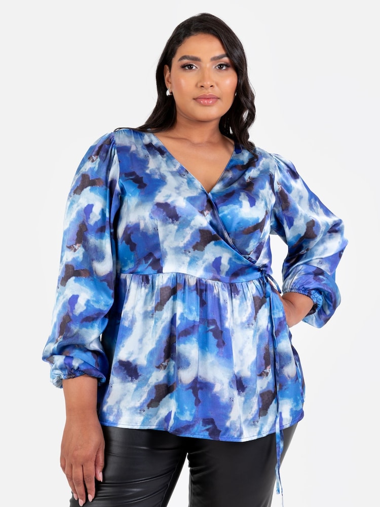 Lovedrobe Blue Satin Long Sleeve Wrap Top - Image 5 of 5