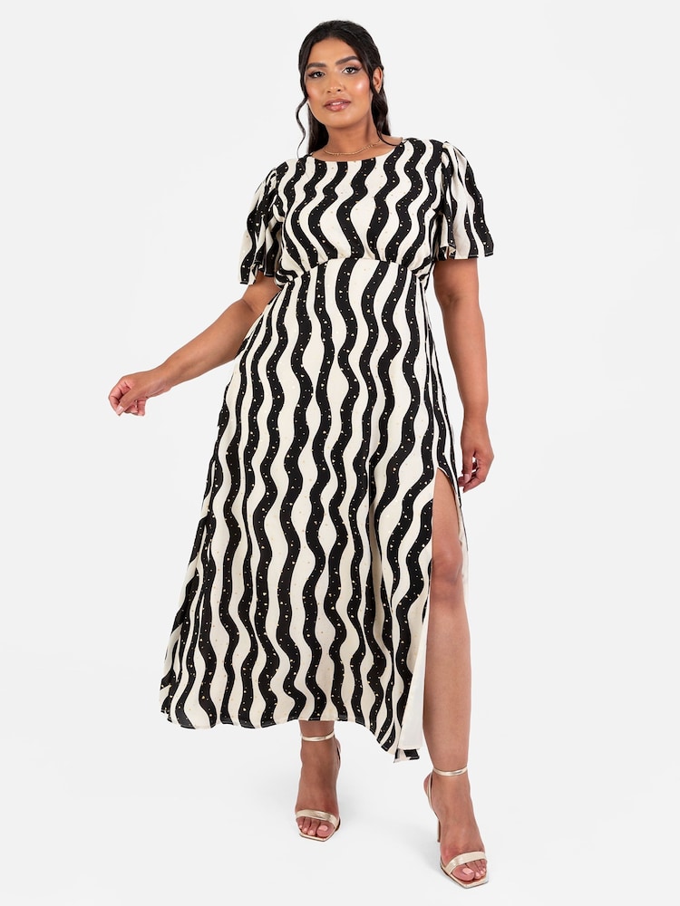 Lovedrobe Cream Mono Wave Print Curved Waist Angel Sleeve Midaxi Dress - Image 1 of 4