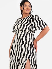 Lovedrobe Cream Mono Wave Print Curved Waist Angel Sleeve Midaxi Dress - Image 3 of 4