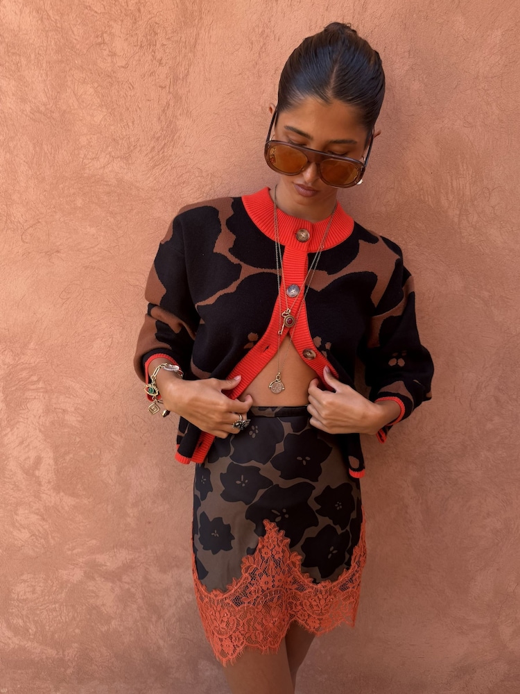 Never Fully Dressed Brown Jaden Floral Jacquard Zizi Cardigan - Image 1 of 4 Never Fully Dressed Brown Jaden Floral Jacquard Zizi Cardigan - Image 1 of 4