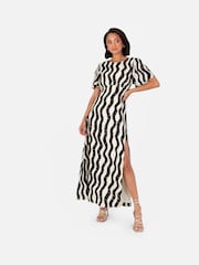 Lovedrobe Cream Mono Wave Print Curved Waist Angel Sleeve Midaxi Dress - Image 1 of 6