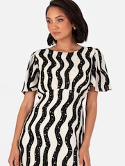 Lovedrobe Cream Mono Wave Print Curved Waist Angel Sleeve Midaxi Dress - Image 2 of 6