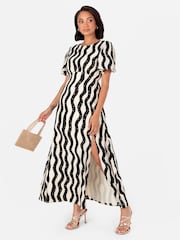 Lovedrobe Cream Mono Wave Print Curved Waist Angel Sleeve Midaxi Dress - Image 4 of 6