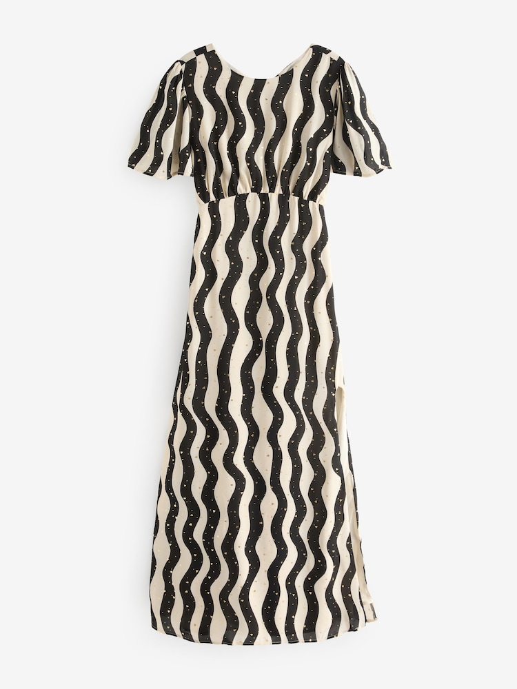 Lovedrobe Cream Mono Wave Print Curved Waist Angel Sleeve Midaxi Dress - Image 6 of 6