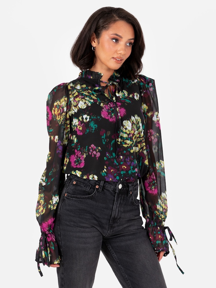 Lovedrobe Tie Neck Black Blouse with Tie Cuffs - Image 1 of 4