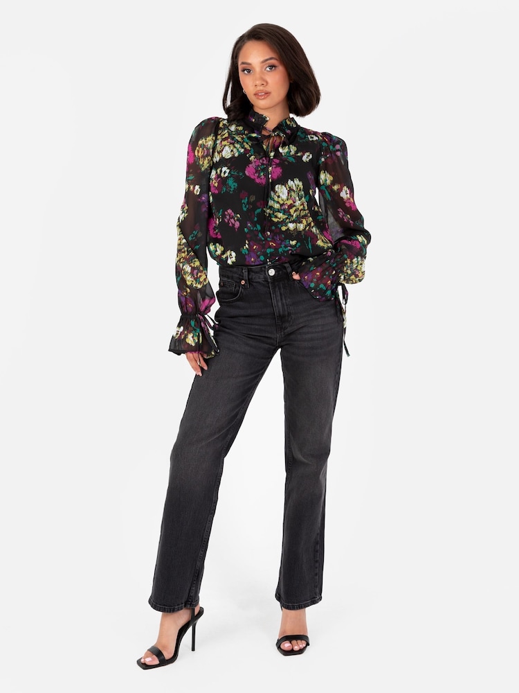 Lovedrobe Tie Neck Black Blouse with Tie Cuffs - Image 2 of 4
