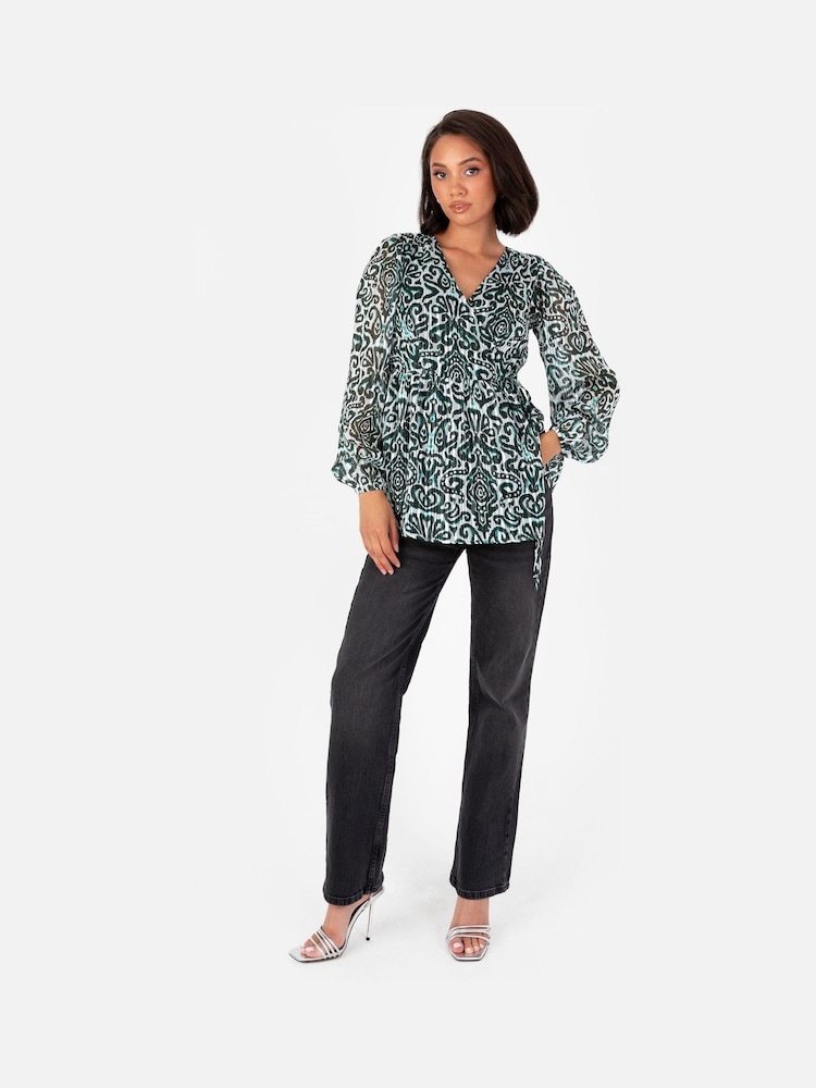 lovedrobe Metalizirani vlakneni potiski; vzorec dolg rokav; z dolgimi rokavi Wrap Top - Slika 2 iz 5 lovedrobe Metalizirani vlakneni potiski; vzorec dolg rokav; z dolgimi rokavi Wrap Top - Slika 2 iz 5