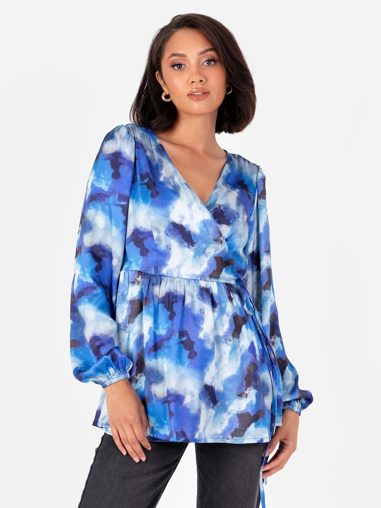 Lovedrobe Metalised Fibre Print Long Sleeve Wrap Top - Image 1 of 5