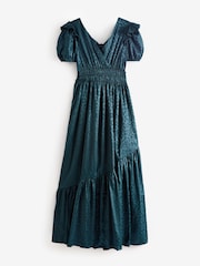 Lovedrobe Green Satin Jacquard Shirring Waist Wrap Front Maxi Dress - Image 5 of 5