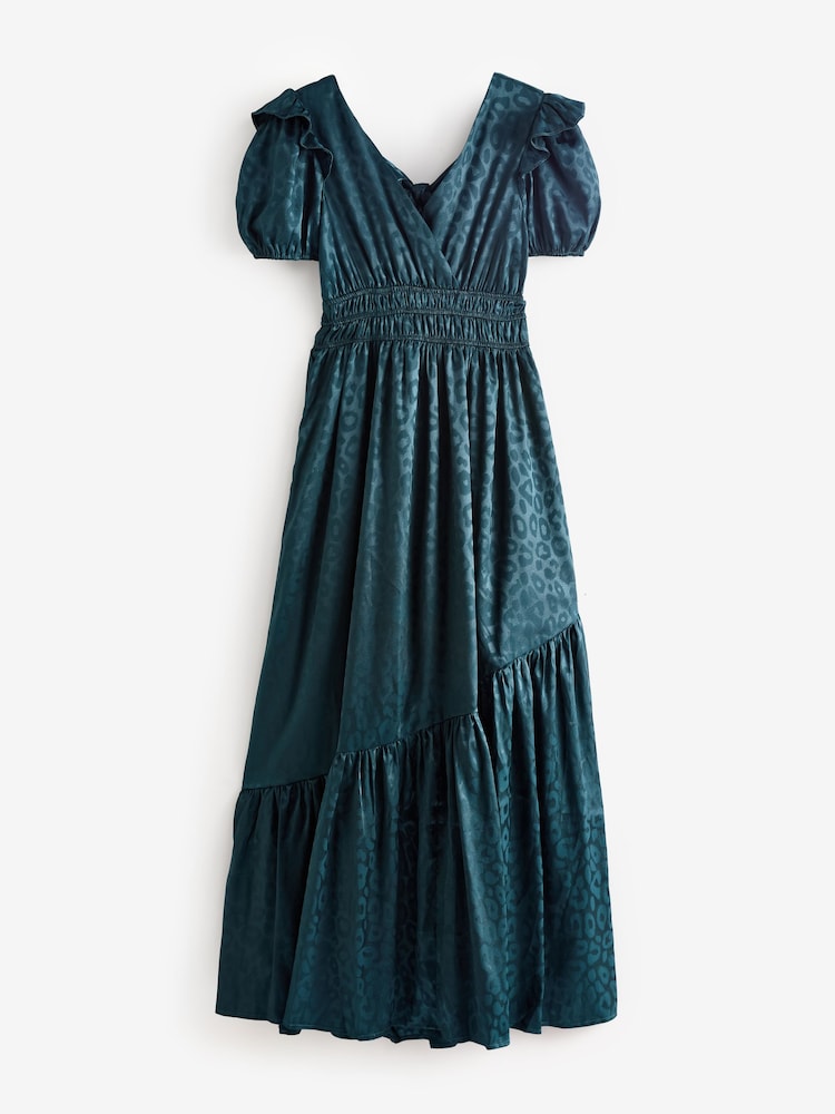 Lovedrobe Maxikleid aus grünem Satin-Jacquard mit geraffter Taille und Wickeloptik vorne - Bild 5 von 5 Lovedrobe Maxikleid aus grünem Satin-Jacquard mit geraffter Taille und Wickeloptik vorne - Bild 5 von 5