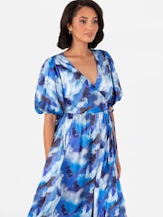 Lovedrobe blaues Satin-Wickelkleid mit Puffärmeln und funktionalem Design in Midaxi-Länge - Bild 3 von 5