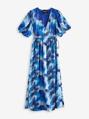 Lovedrobe blaues Satin-Wickelkleid mit Puffärmeln und funktionalem Design in Midaxi-Länge - Bild 5 von 5