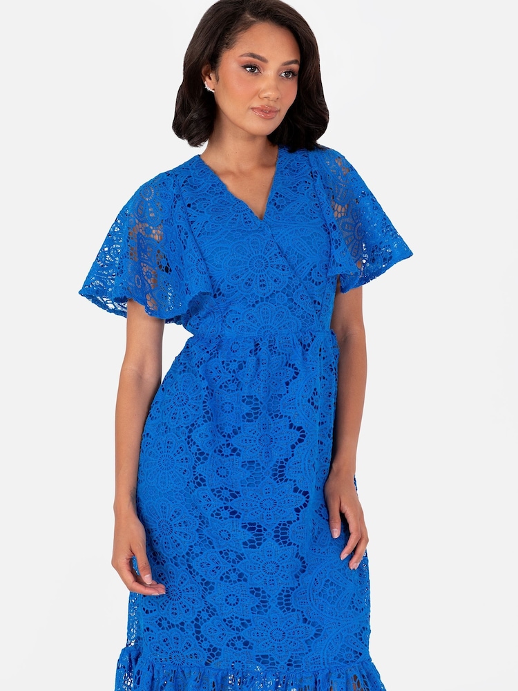 Loveabode Dark Blue Lace Cape Sleeve Midaxi Dress - Image 2 of 5 Loveabode Dark Blue Lace Cape Sleeve Midaxi Dress - Image 2 of 5
