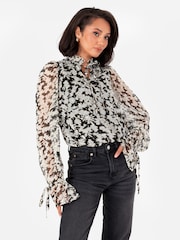 Lovedrobe Tie Neck Black Blouse with Tie Cuffs - Image 1 of 6