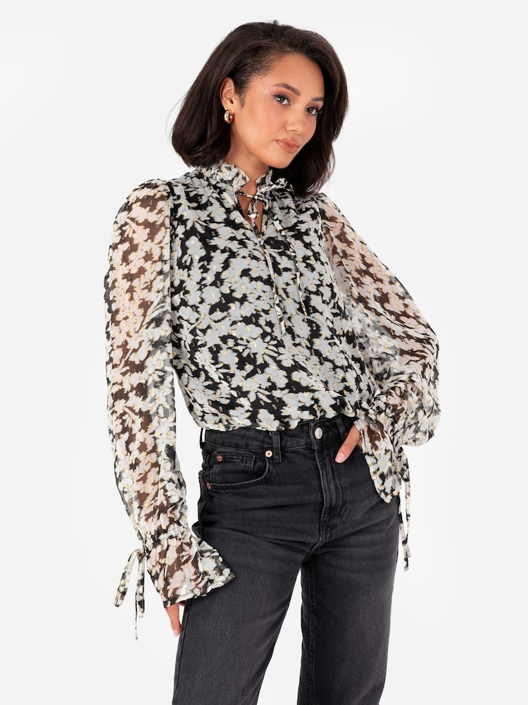 Lovedrobe Tie Neck Black Blouse with Tie Cuffs - Image 1 of 6