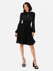 Lovedrobe Plisse Long Sleeve Keyhole Detail Mini Black Dress - Image 1 of 6
