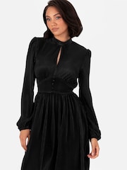 Lovedrobe Plisse Long Sleeve Keyhole Detail Mini Black Dress - Image 2 of 6
