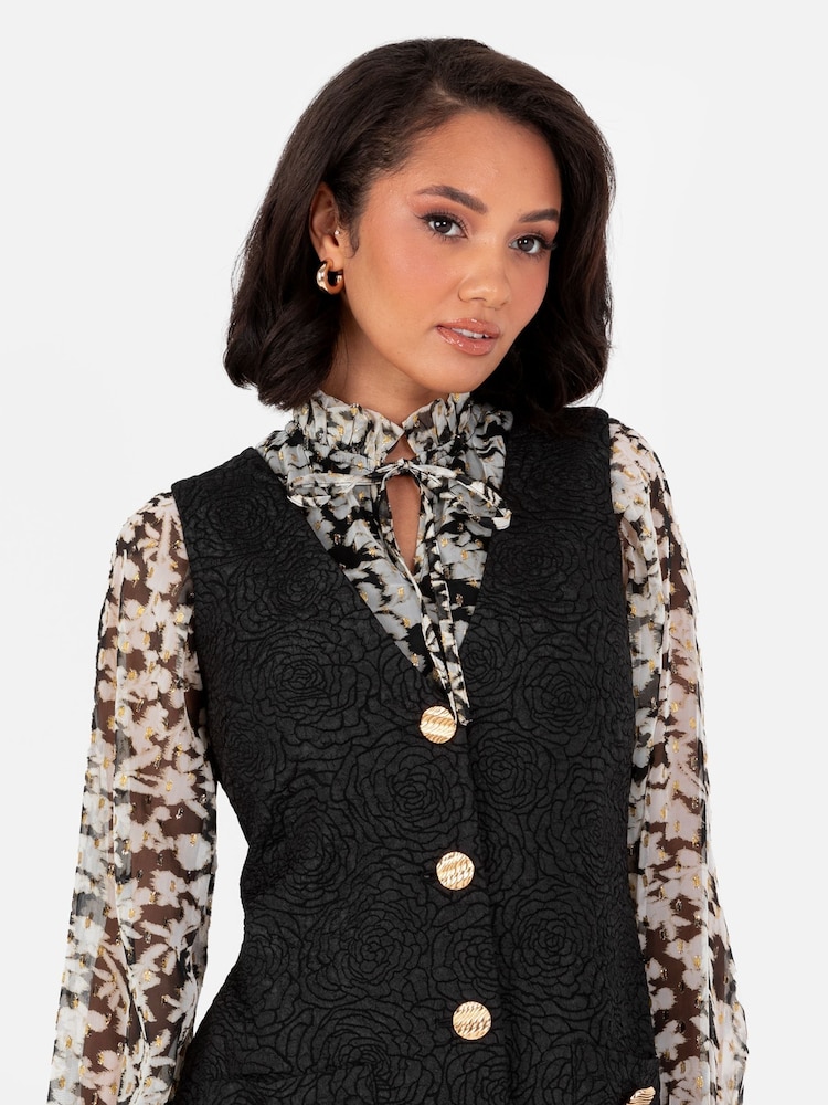 Lovedrobe Rose Jacquard Button Front Pinafore Black Dress - Image 2 of 7