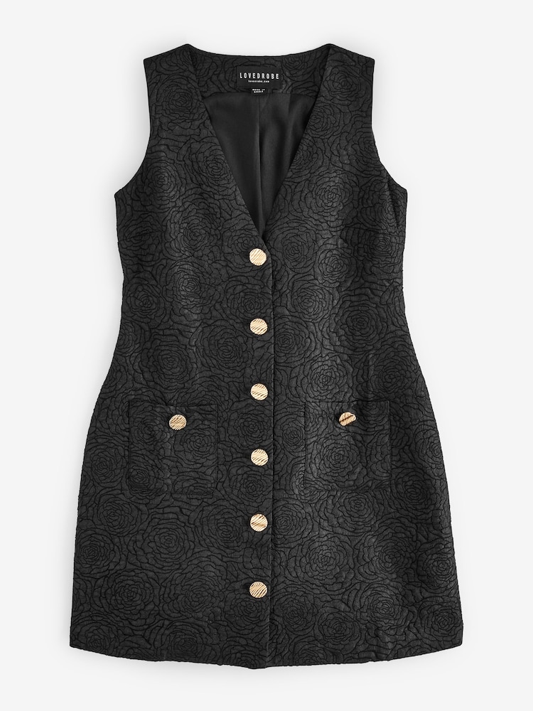 Lovedrobe Rose Jacquard Button Front Pinafore Black Dress - Image 7 of 7