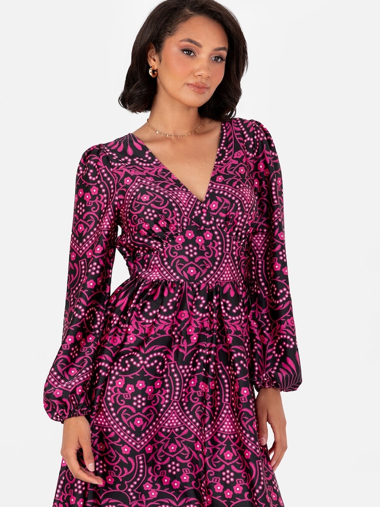 Lovedrobe Pink Satin Button Front Long Sleeve Midi Dress - Image 2 of 6