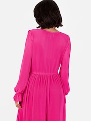 Loveabode Pink Plisse Long Sleeve Wrap Midaxi Dress - صورة 3 من 5