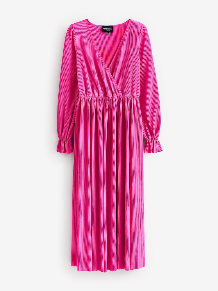 Loveabode Pink Plisse Long Sleeve Wrap Midaxi Dress - صورة 5 من 5
