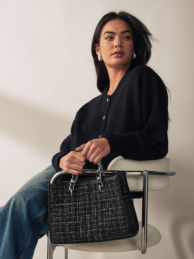 Black/White Boucle Tote Bag - Image 1 of 7 Black/White Boucle Tote Bag - Image 1 of 7