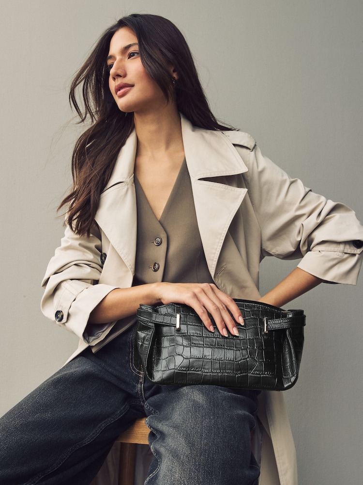 Black Leather Croc Effect Cross-Body Bag - Image 1 of 3