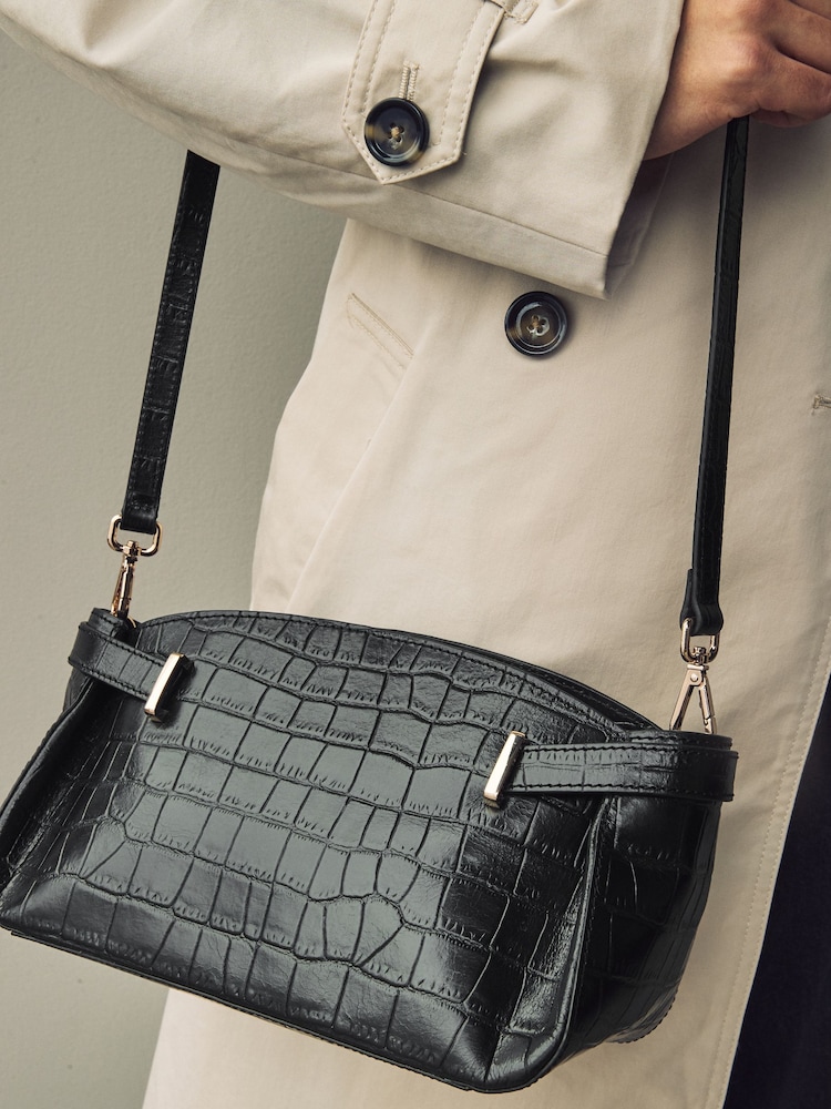 Black Leather Croc Effect Cross-Body Bag - Image 3 of 3
