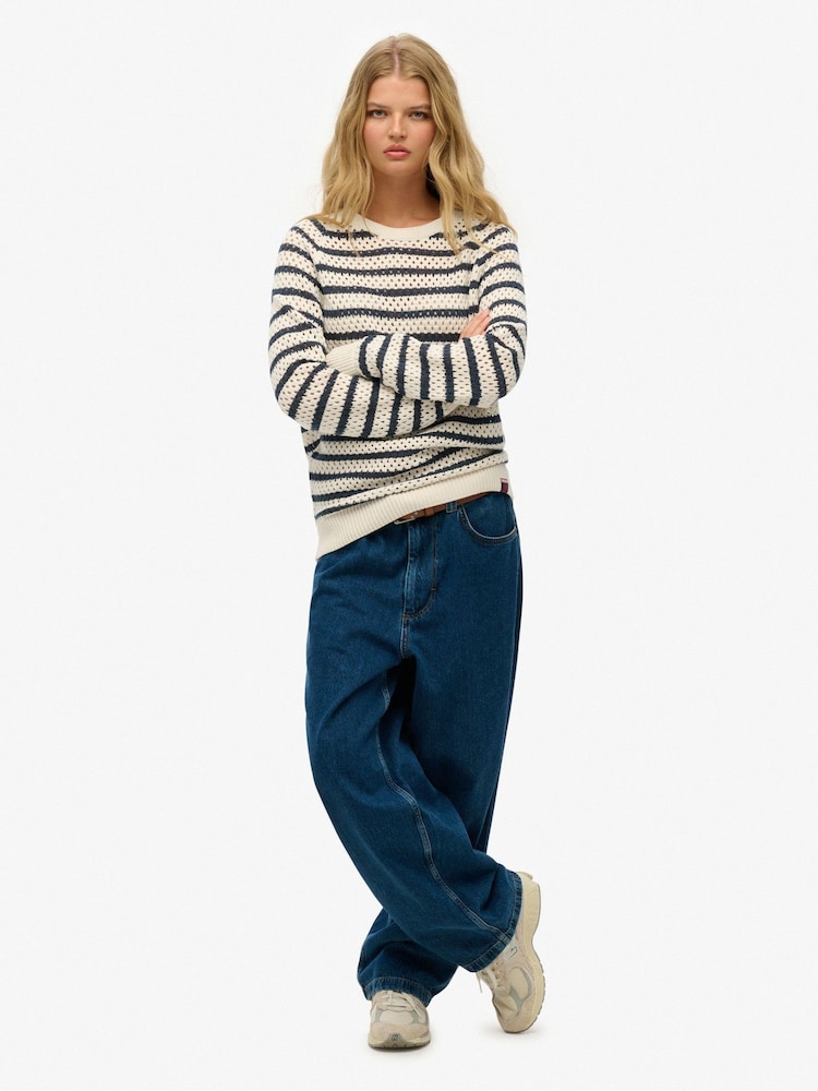 Superdry White Stripe Crochet Slouchy Crew 100% Cotton Sweatshirt - Image 1 of 5