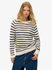 Superdry White Stripe Crochet Slouchy Crew 100% Cotton Sweatshirt - Image 2 of 5