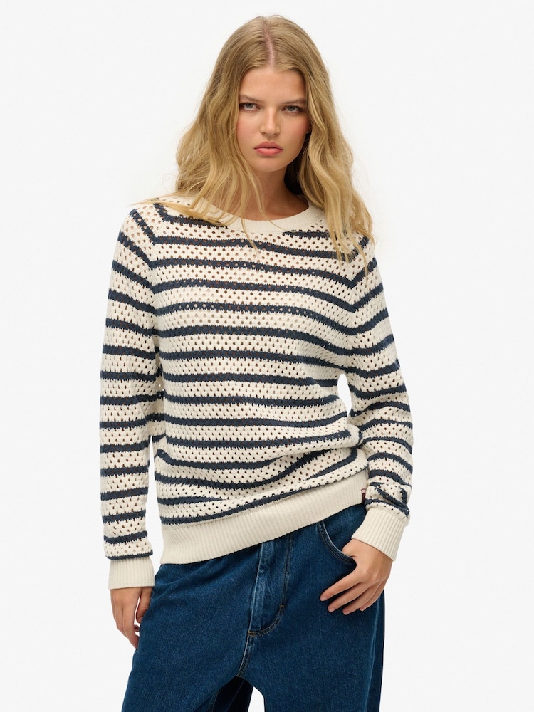 Superdry White Stripe Crochet Slouchy Crew 100% Cotton Sweatshirt - Image 2 of 5