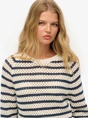 Superdry White Stripe Crochet Slouchy Crew 100% Cotton Sweatshirt - Image 4 of 5