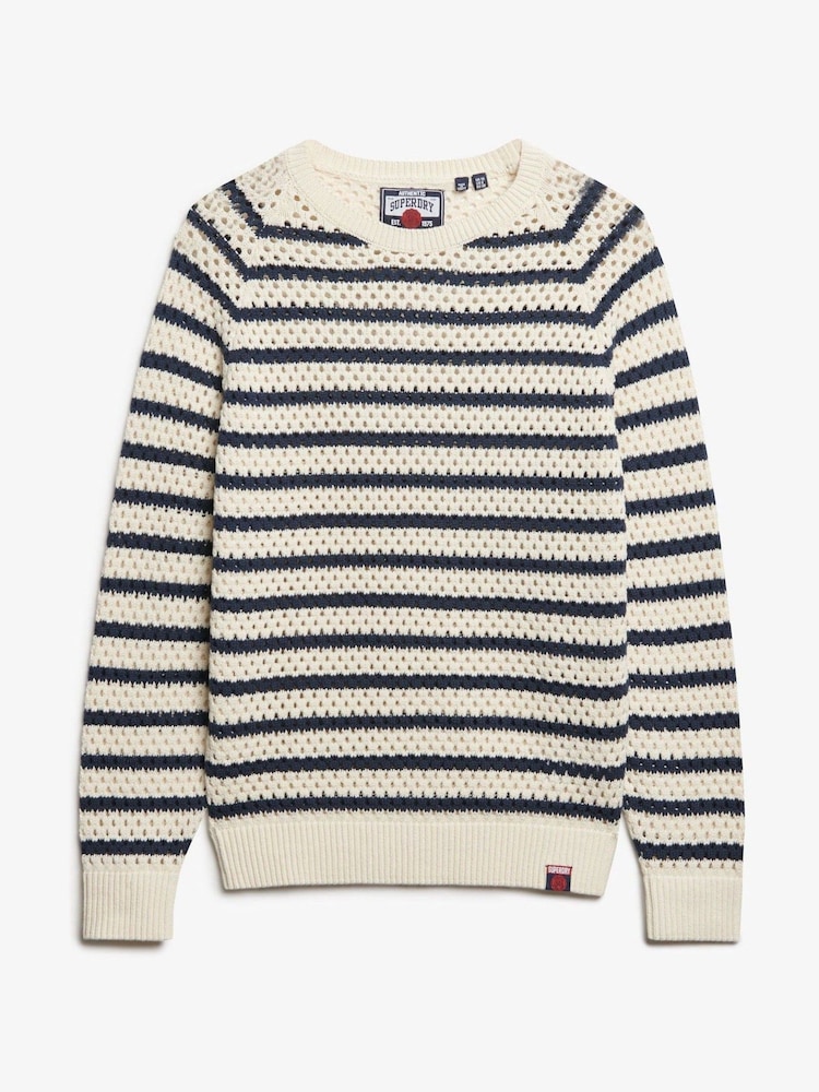 Superdry White Stripe Crochet Slouchy Crew 100% Cotton Sweatshirt - Image 5 of 5